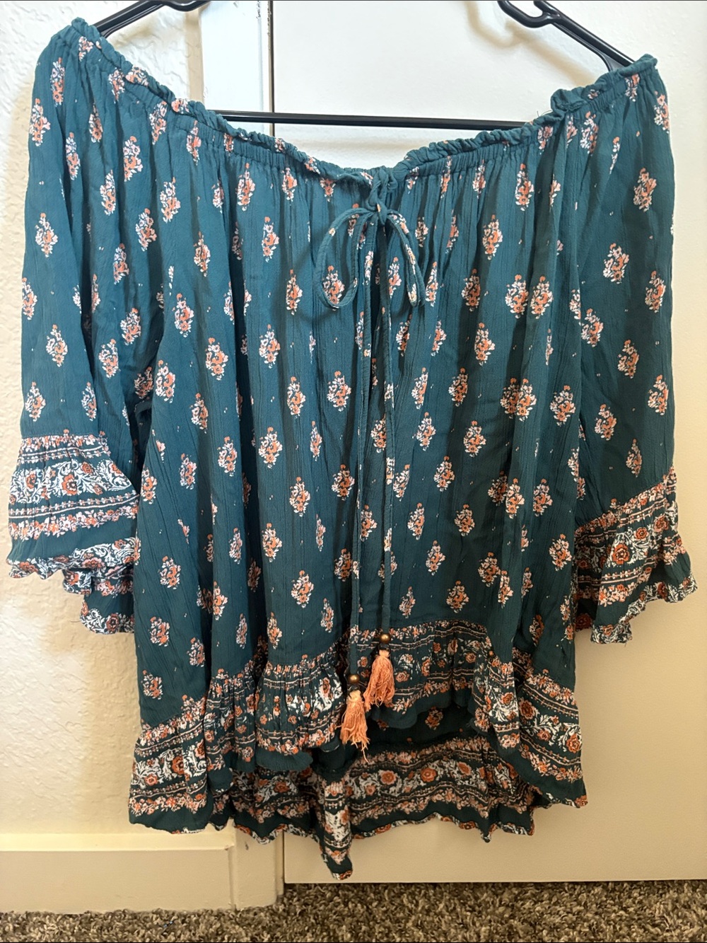 Boho Off-Shoulder Tunic in Teal with Tassel Tie